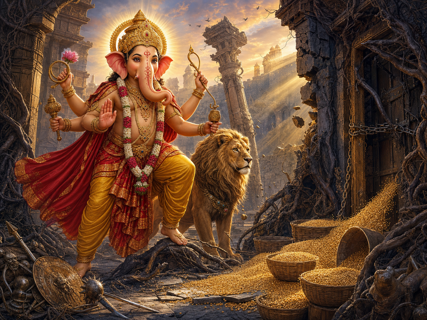 Mahotkata Vinayaka and a lion stand in a ruined courtyard as dark roots loosen from cracked pillars and sunlight reaches a sealed granary.