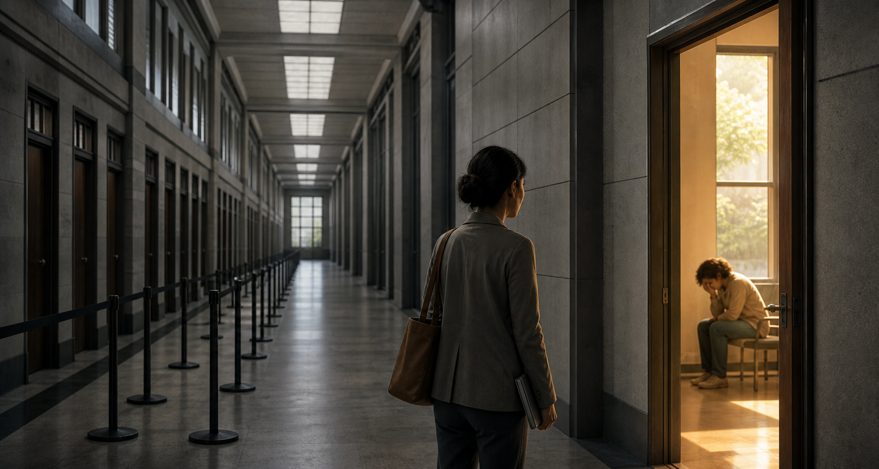 A worker in a gray institutional corridor turns toward a distressed person visible through a warmly lit side doorway.