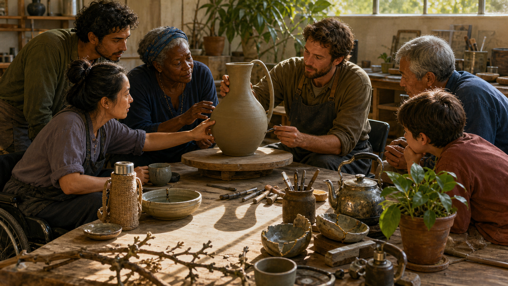 A designer and a varied group of people examine the accessibility and usefulness of a handmade water vessel in a shared workshop.