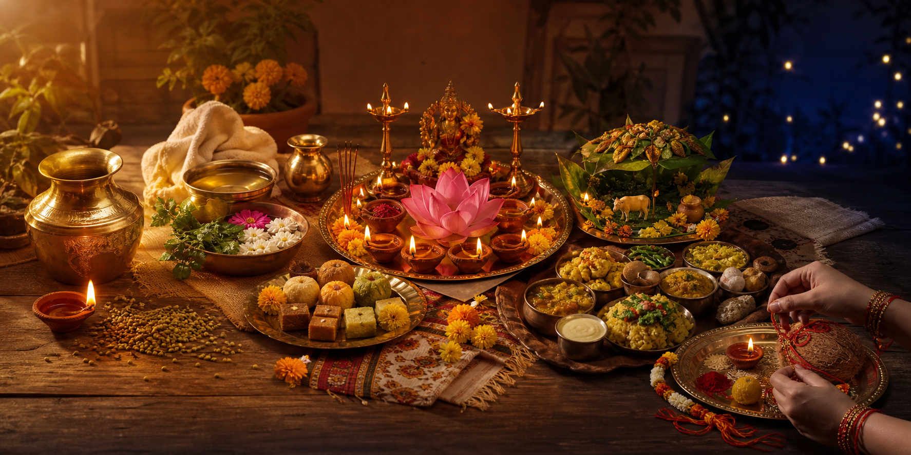 Five connected Diwali ritual settings show a brass vessel, cleansing oil and flowers, a lamp-filled puja tray, food offerings, and a sibling tilak tray.