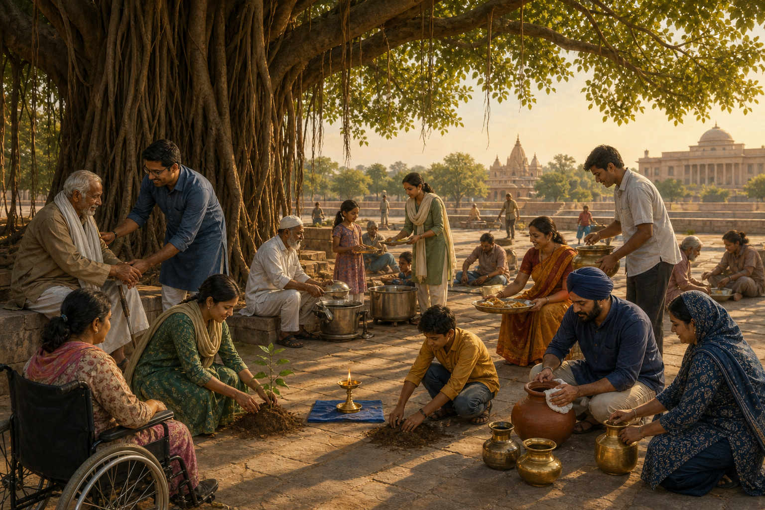 Volunteers serve food, tend a sapling, help an elderly person, and arrange water vessels around a lamp beneath a banyan tree.