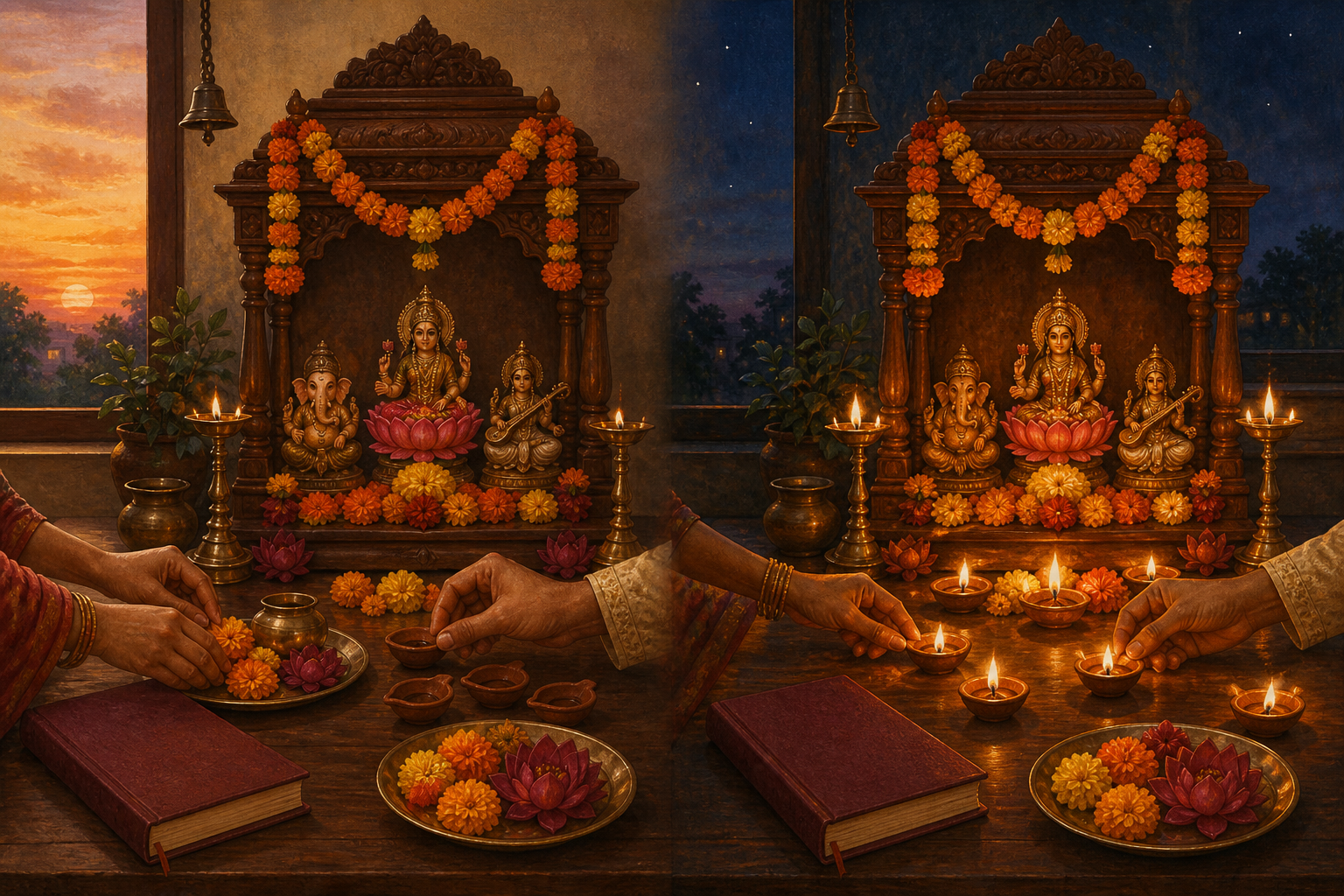 Two side-by-side evening scenes show the same household shrine being prepared and illuminated on consecutive nights.