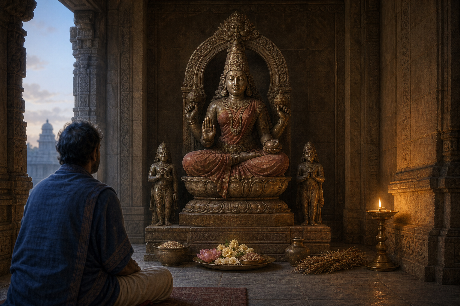 A devotee-scholar observes a seated goddess murti with visible hand gestures, ornaments, attendants, offerings, and pedestal in a lamp-lit temple alcove.