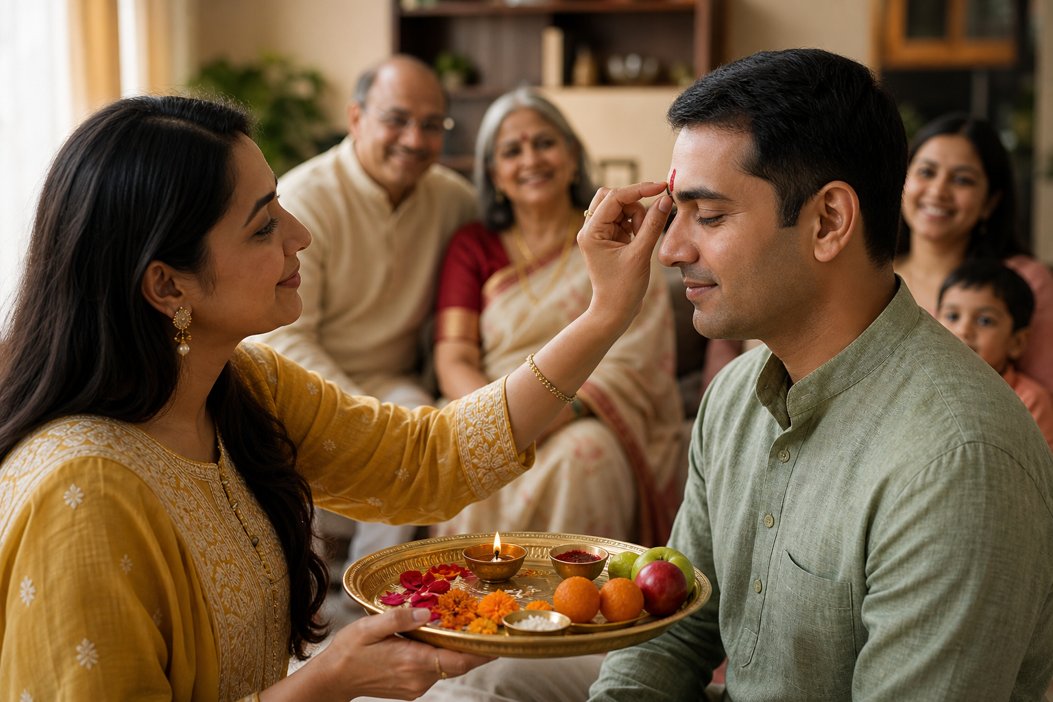 A sister applies a ceremonial forehead mark to her seated brother beside a brass tray with a lit lamp, rice, flowers, fruit, and sweets while relatives gather in the background.