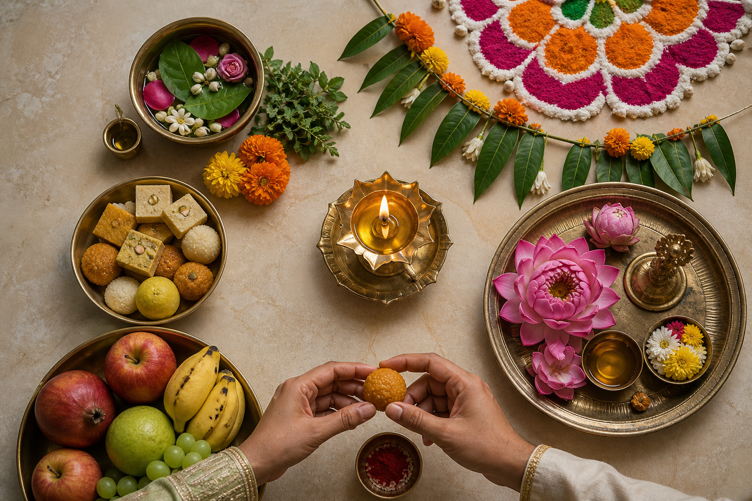 An overhead arrangement groups a clay lamp, cleansing oil, doorway decorations, puja items, sweets, fruit, and a sibling tilak bowl around a central diya.