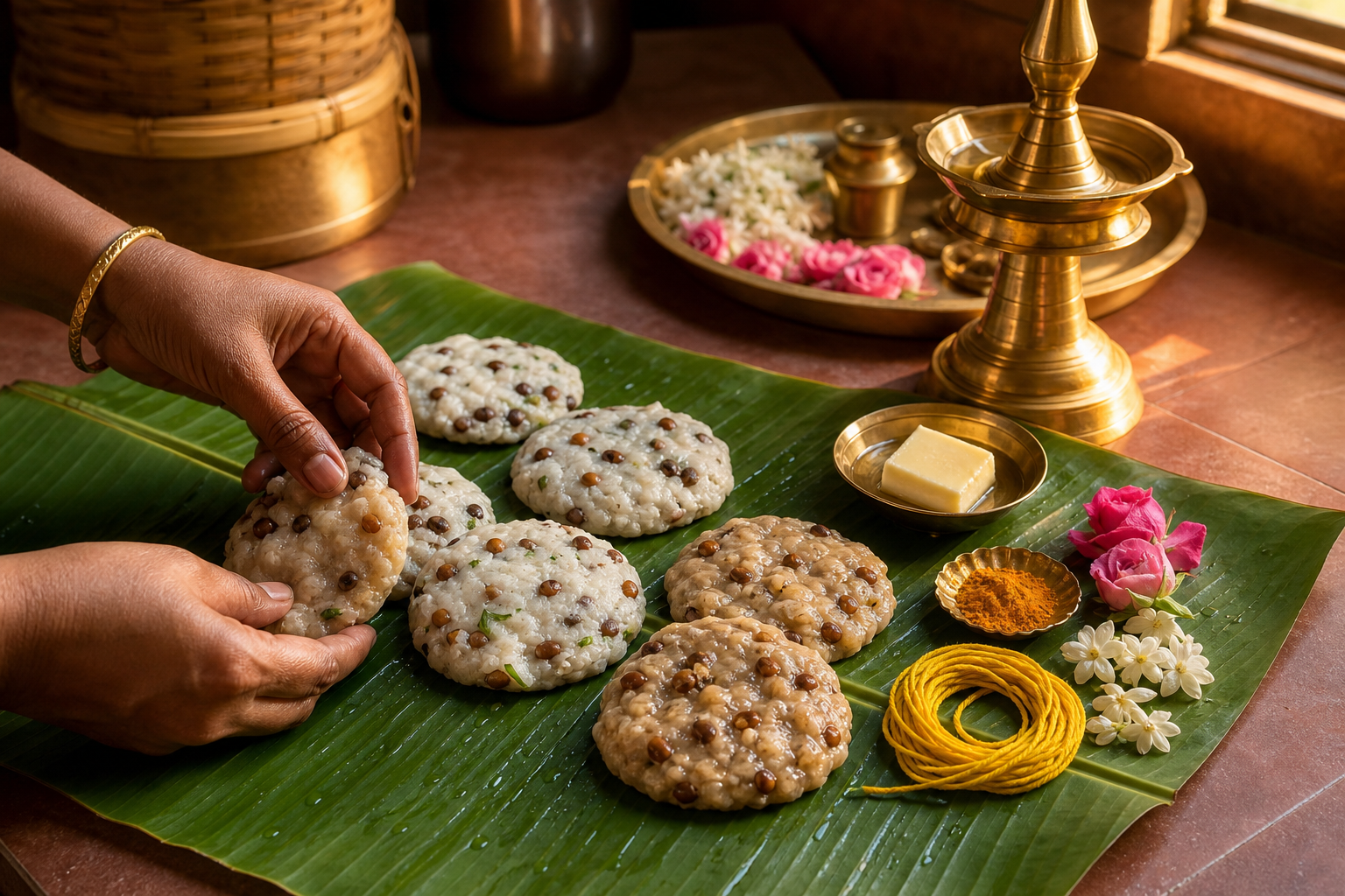 Hands arrange rice-flour adai with cowpeas, butter, turmeric, flowers, and a yellow sacred thread on a banana leaf.