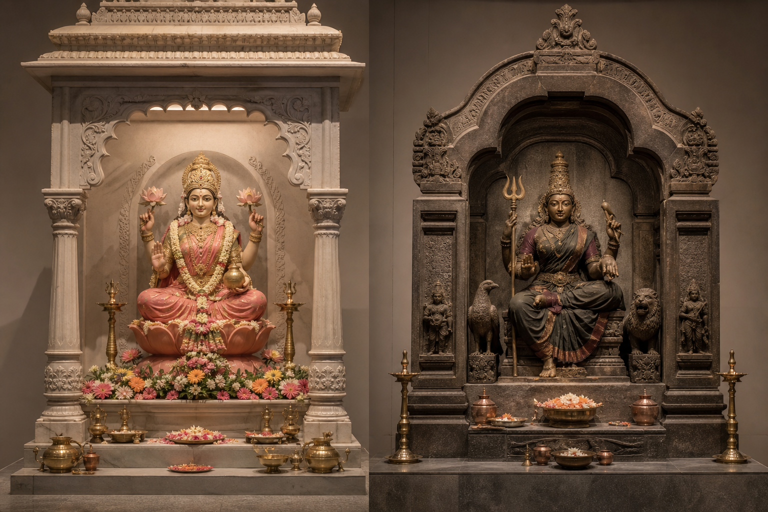 Two differently styled elder-goddess images appear in separate niches with distinct postures, ornaments, attendants, offerings, and shrine settings.