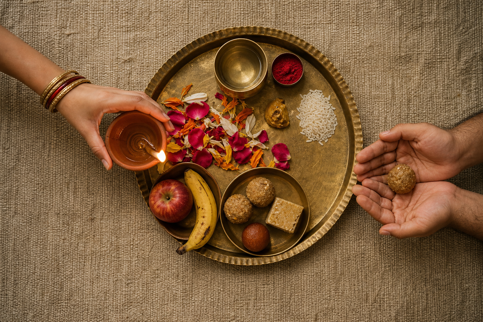 An overhead view of sibling hands around a brass ritual tray containing a lit clay lamp, rice, flowers, ritual pastes, water, fruit, and sweets.