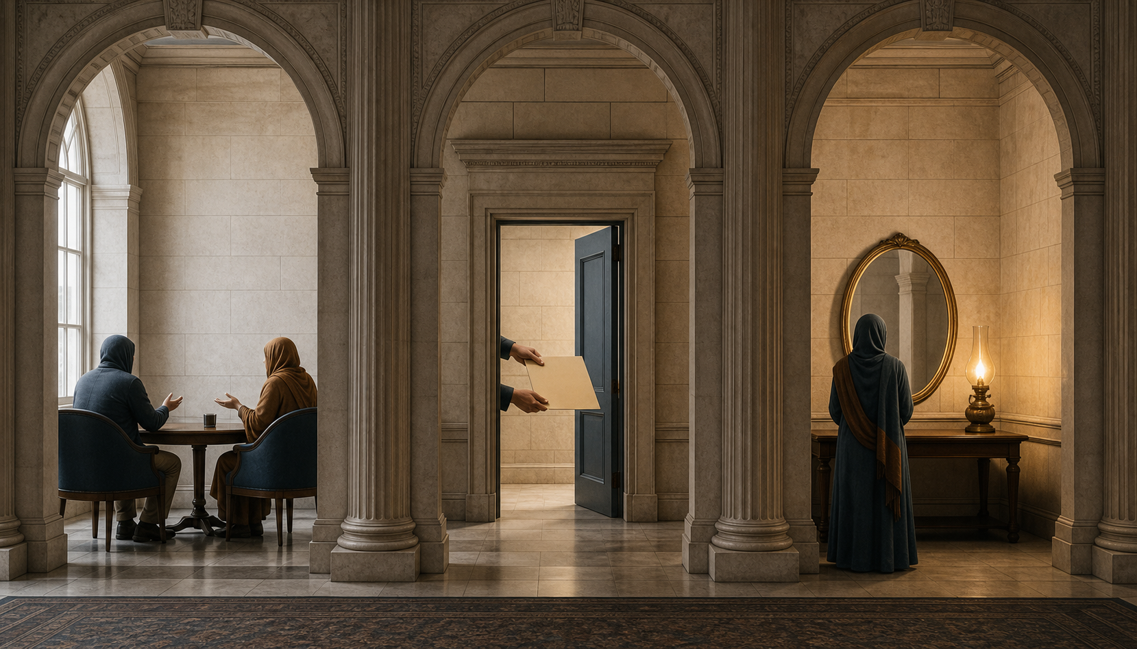 A civic hall is divided into three areas showing a calm debate, an unmarked case file moving through a doorway, and a person reflecting beside a lamp.