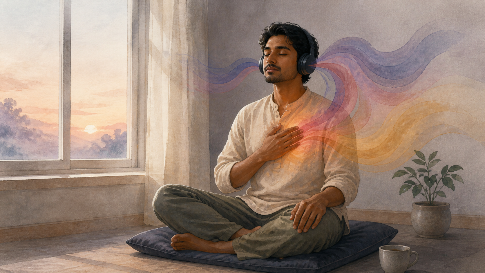 A person wearing headphones sits beside a dawn-lit window with one hand over their heart as soft colored waves surround them.