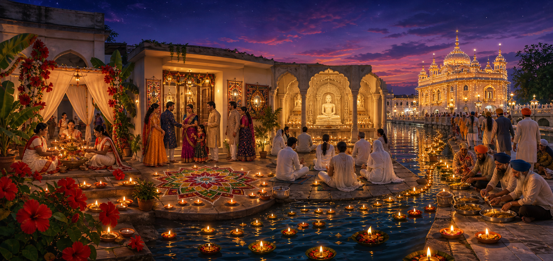 Connected twilight scenes show lamp-lit observances at an eastern Indian courtyard, a western Indian home, a Jain temple, and a Sikh gurdwara.