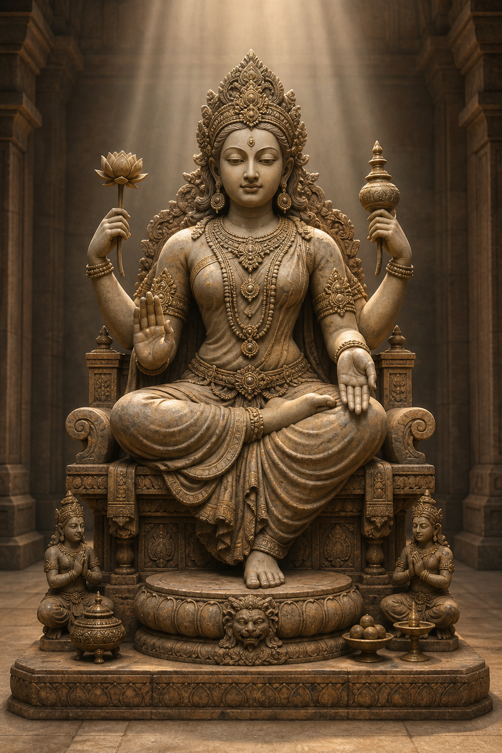 A full seated goddess sculpture shows its pedestal, hands, gestures, ornaments, attendants, and surrounding ritual objects in one clear view.