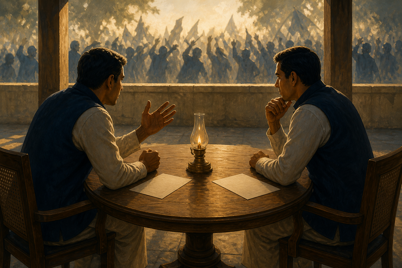 Two anonymous debaters speak firmly across a round table while an agitated crowd remains blurred beyond a low boundary wall.
