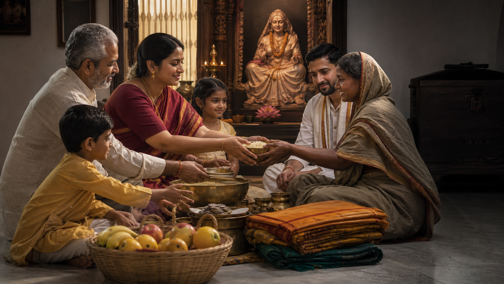 People share grain, fruit, cloth, and coins before a seated goddess shrine while a closed chest stands in shadow nearby.