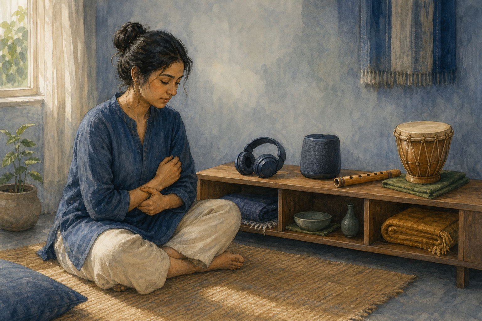 A seated person pauses with fingers on their wrist beside headphones, a speaker, a flute, and a hand drum.