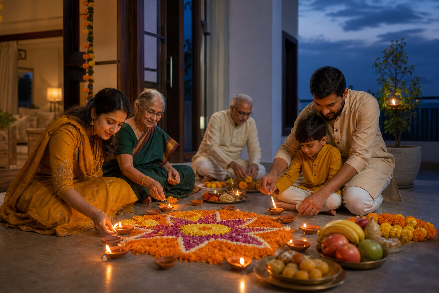 A multigenerational family lights clay lamps around a flower-petal rangoli in a decorated home at dusk, with a Tulsi plant and lamp on the veranda.