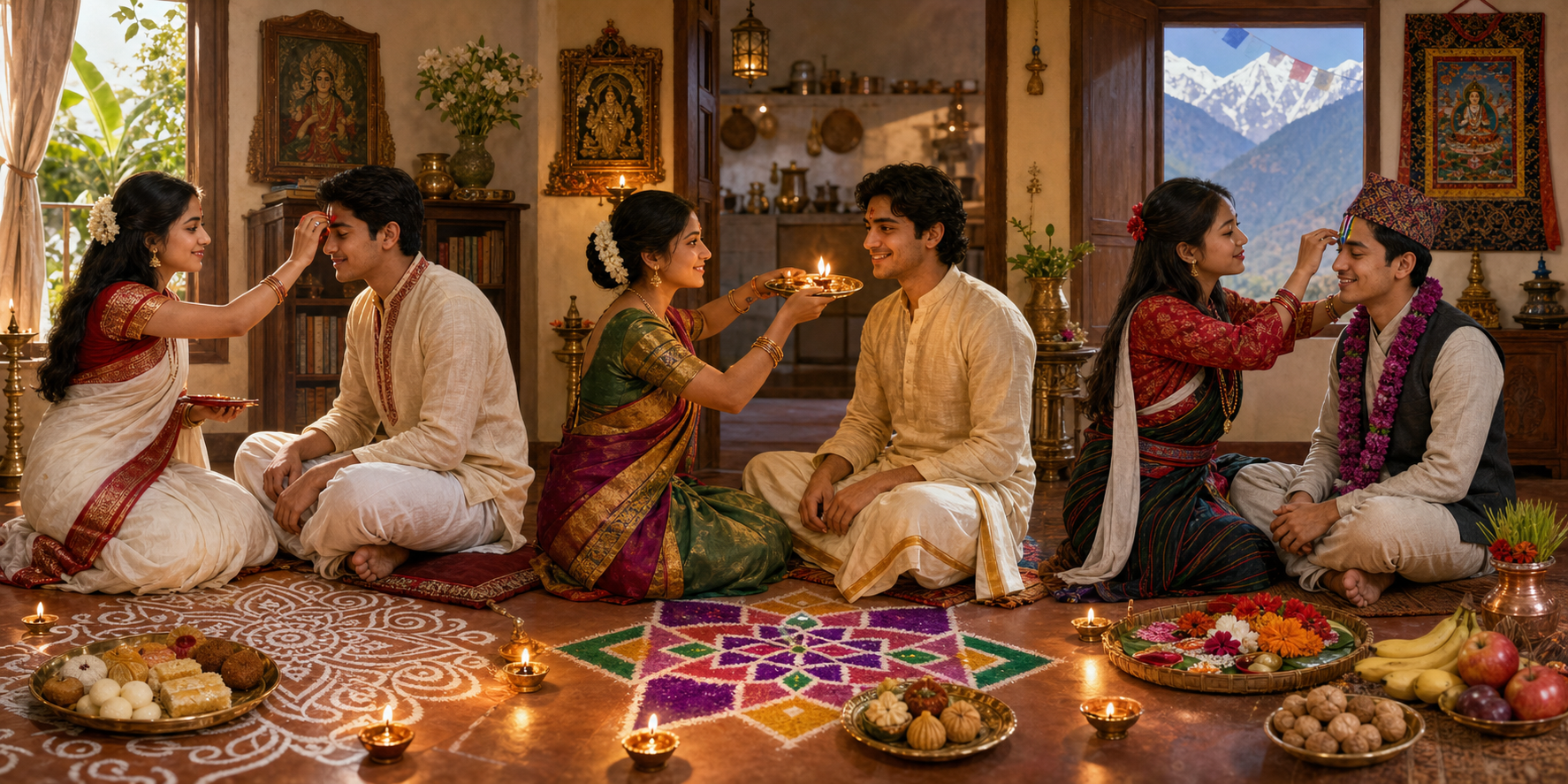 Three neighboring family scenes show a Bengali Bhai Phota with alpana and sweets, a Maharashtrian Bhau Beej aarti beside rangoli, and a Nepali seven-color Bhai Tika with a purple flower garland.