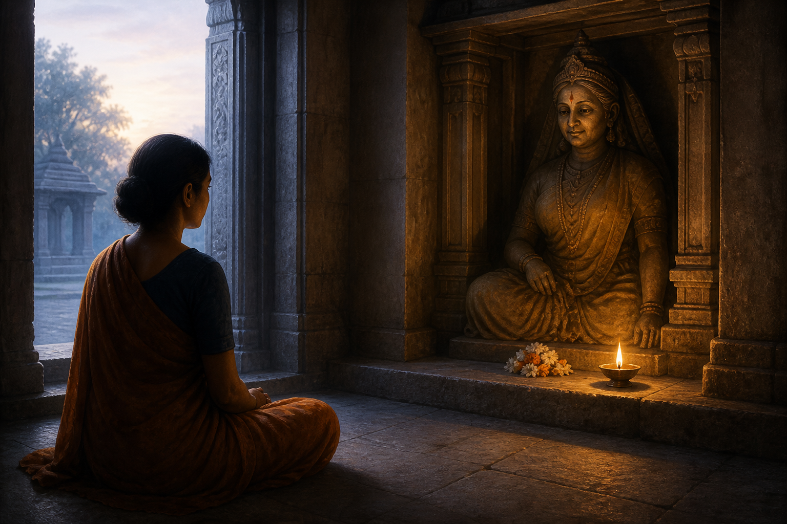 A seated devotee quietly faces an elder-goddess murti across a simple temple threshold lit by an oil lamp and dawn light.