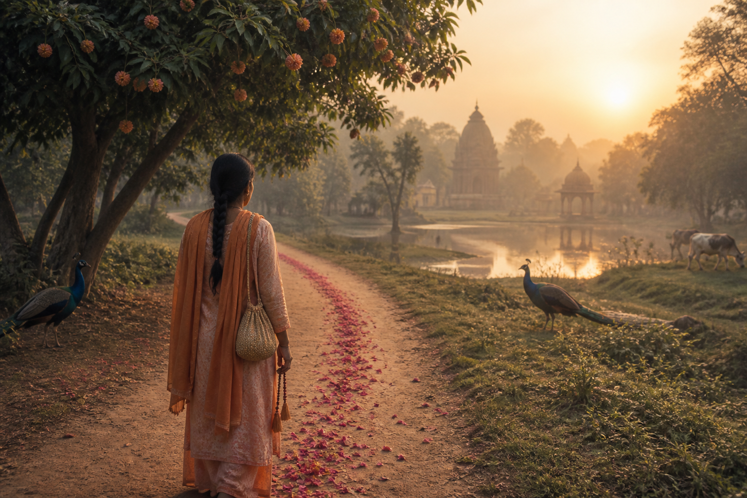 A pilgrim with a bead bag pauses on a rural Braj path leading toward a sacred pond and distant temple at sunrise.