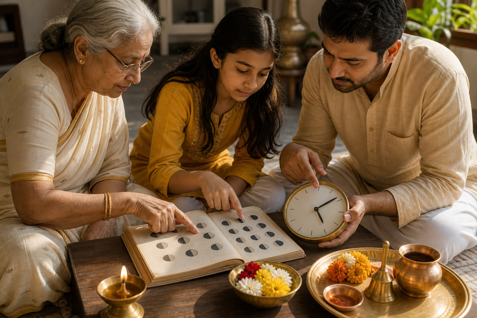Three family members compare lunar phase symbols in an open almanac with a numberless analog clock while a prepared ritual tray waits nearby.