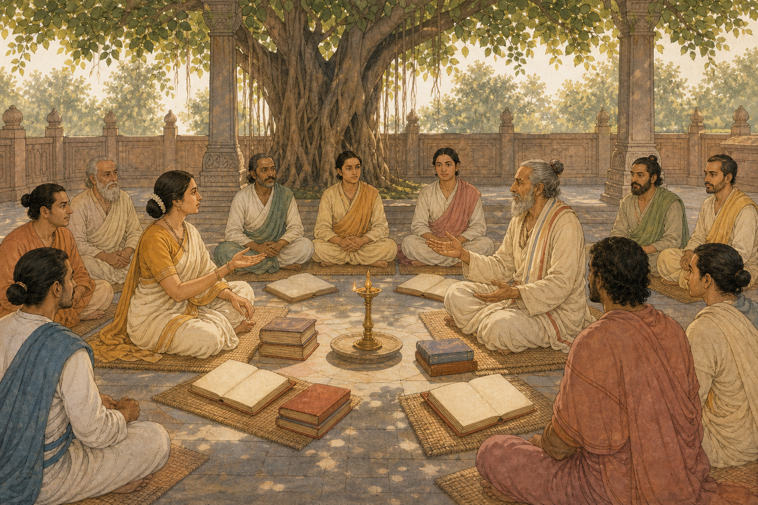 Two fictional scholars hold a respectful discussion around an oil lamp in a stone courtyard while a quiet semicircle of listeners observes.