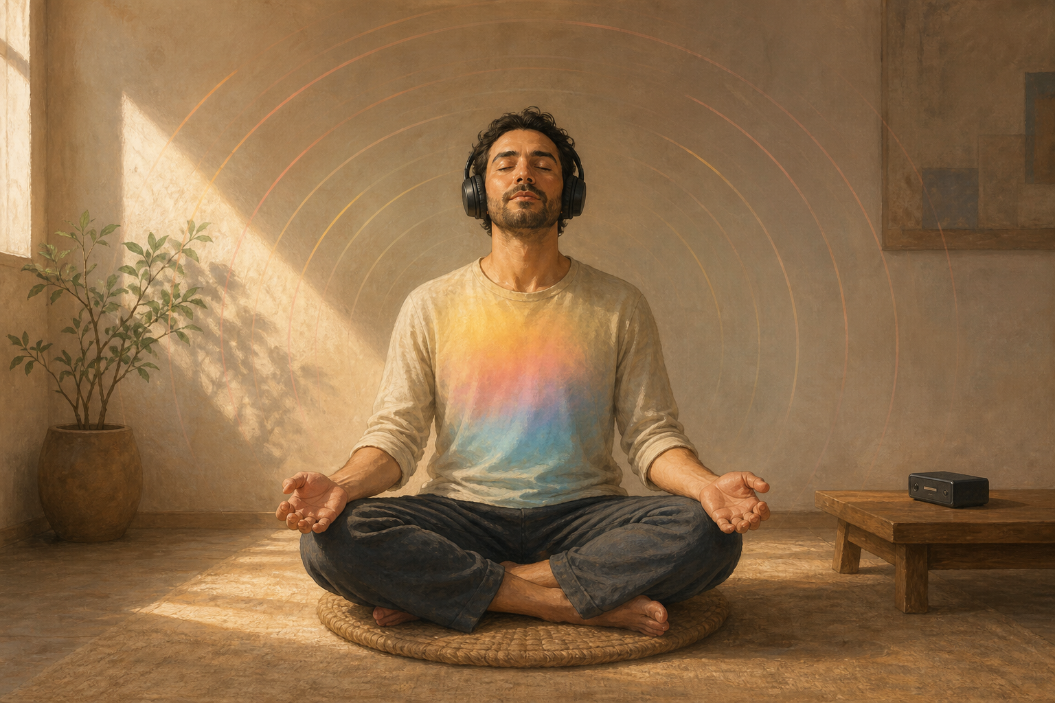 A person sits upright on a cushion and listens through headphones while a small music player rests on a nearby table.