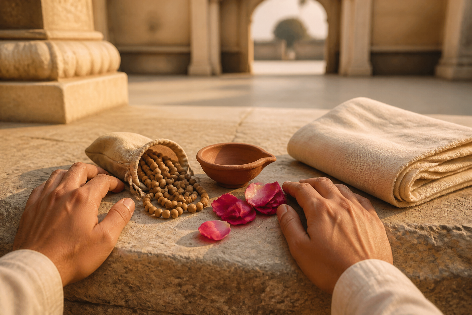 Hands rest beside tulsi beads, a clay lamp, rose petals, and a folded shawl in a quiet temple courtyard.