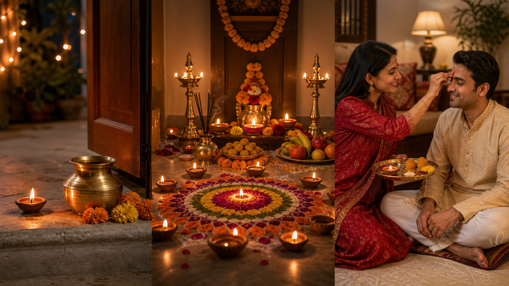 Three connected scenes show a doorway lamp and brass vessel, a Diwali rangoli surrounded by lamps, and a sister applying tilak to her brother for Bhai Dooj.