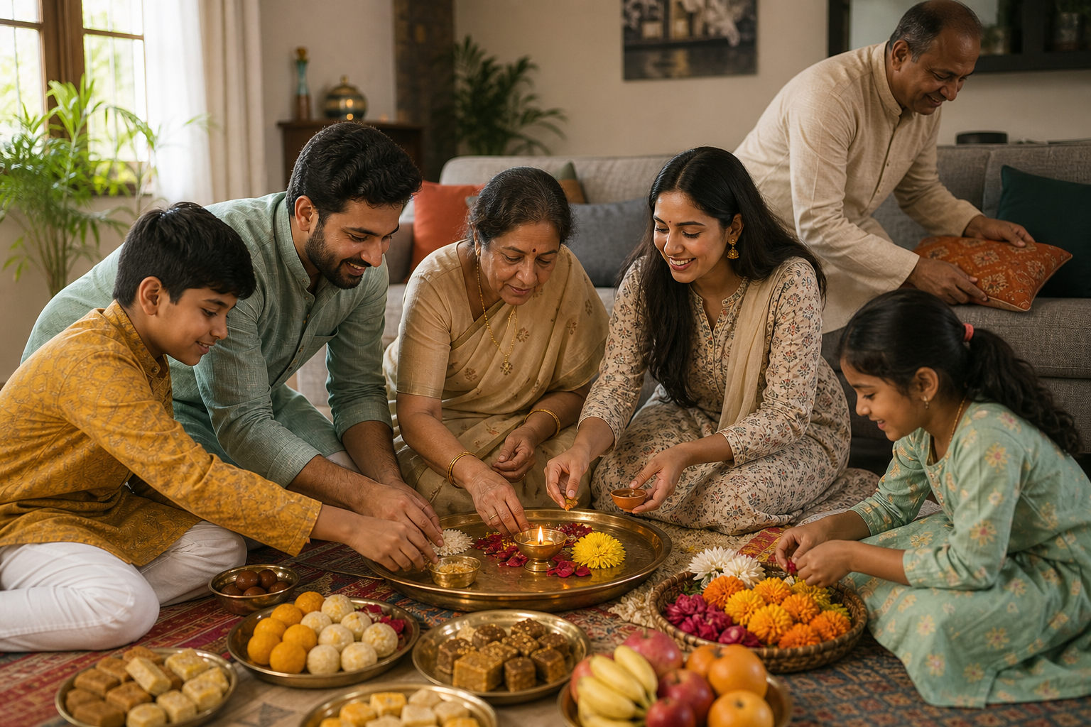 A multigenerational family prepares a sibling ceremony together by arranging a brass tray, lamp, rice, flowers, fruit, sweets, cushions, and floral decorations.