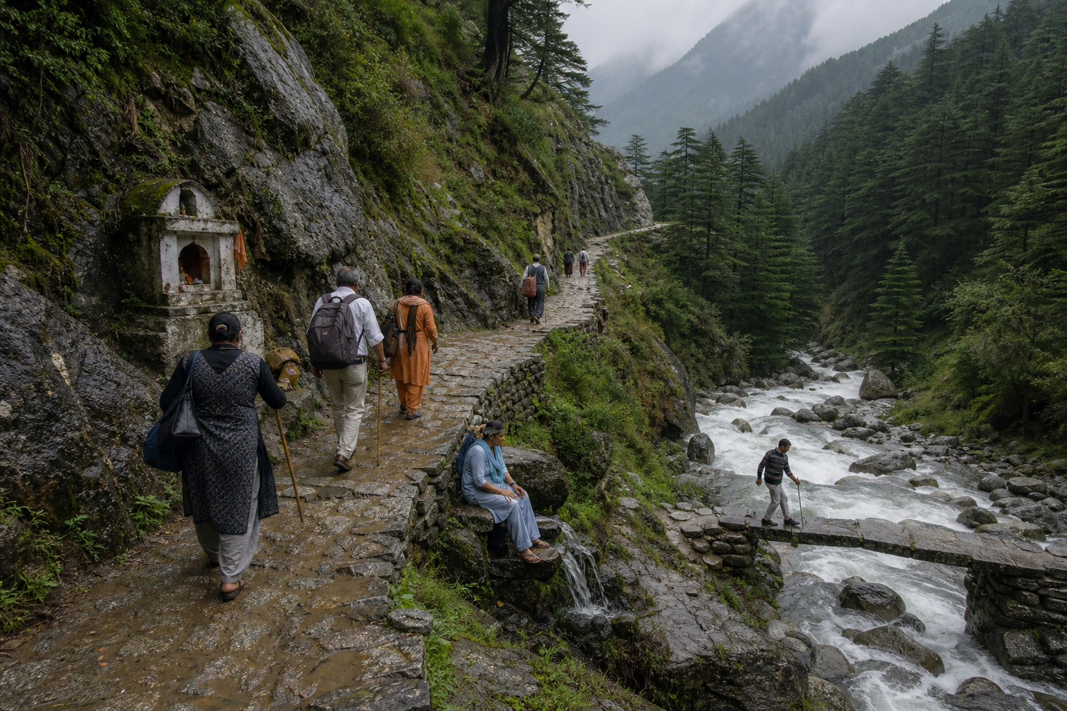 Pilgrims walk a mountain trail beside a river, passing a spring, stone bridge, and small wayside shrine.