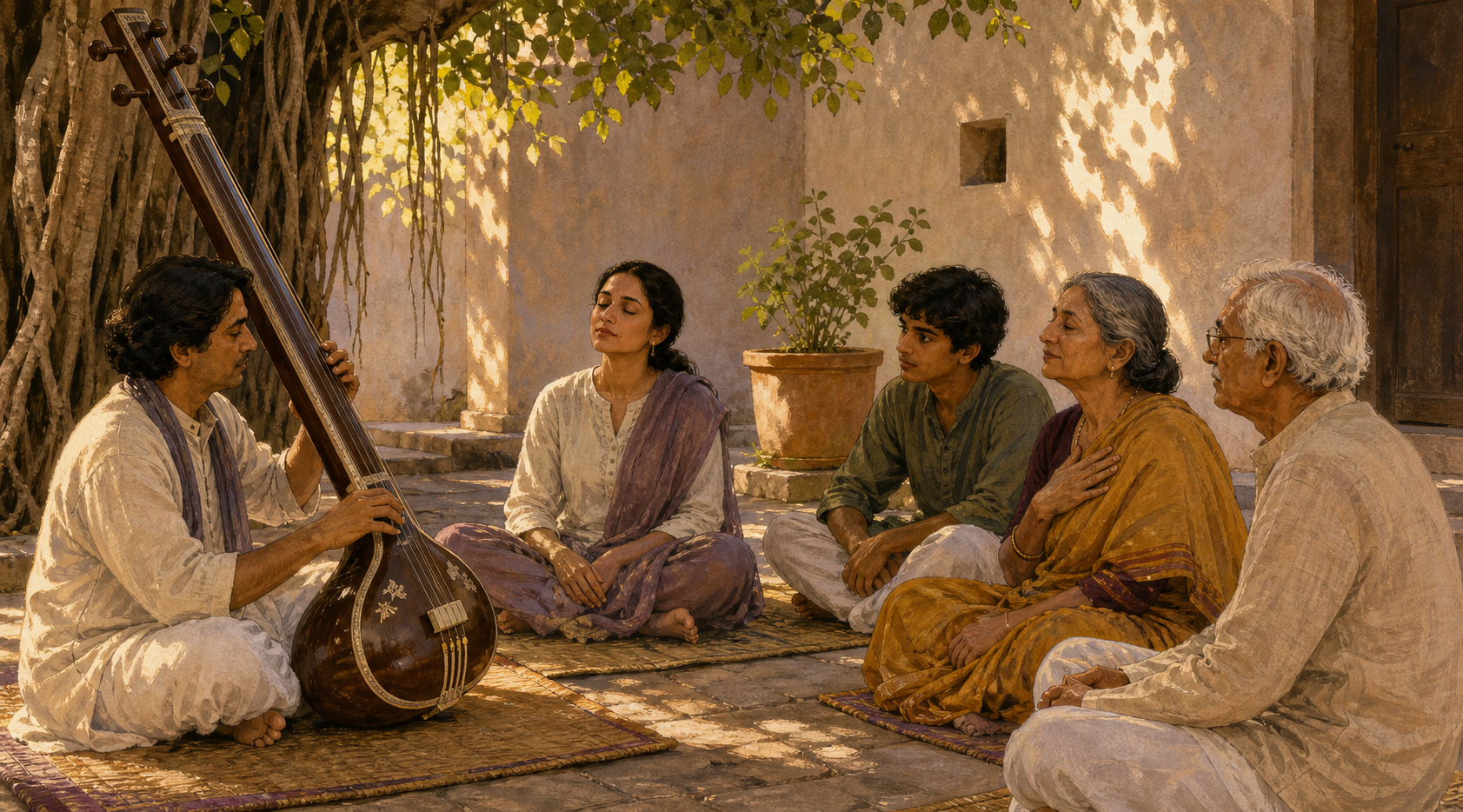 An intergenerational group sits on woven mats in a shaded courtyard and listens to a musician playing a tanpura.