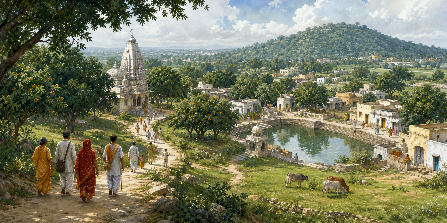 A winding path connects a Braj village, temple, sacred pond, wooded groves, pasture, and distant hill as pilgrims walk through the landscape.