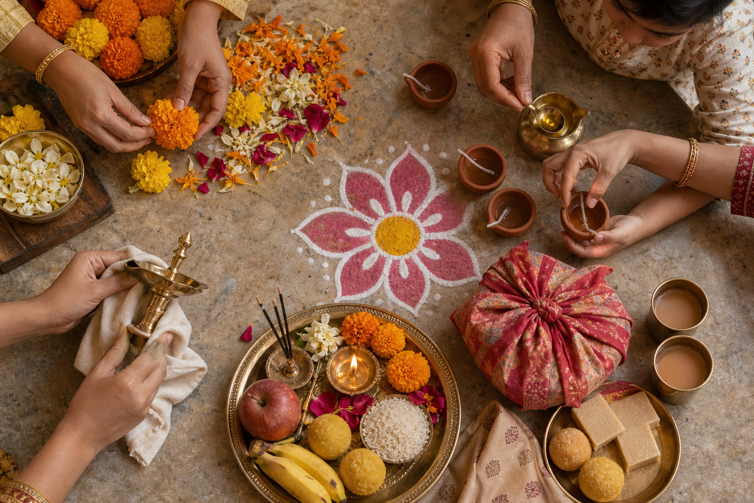 An overhead view shows family hands cleaning a brass lamp, arranging flowers, preparing clay lamps, organizing a puja tray, and wrapping homemade sweets.