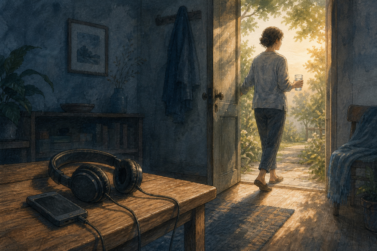 Headphones rest on a bench while a person carrying a glass of water steps through an open door into morning light.