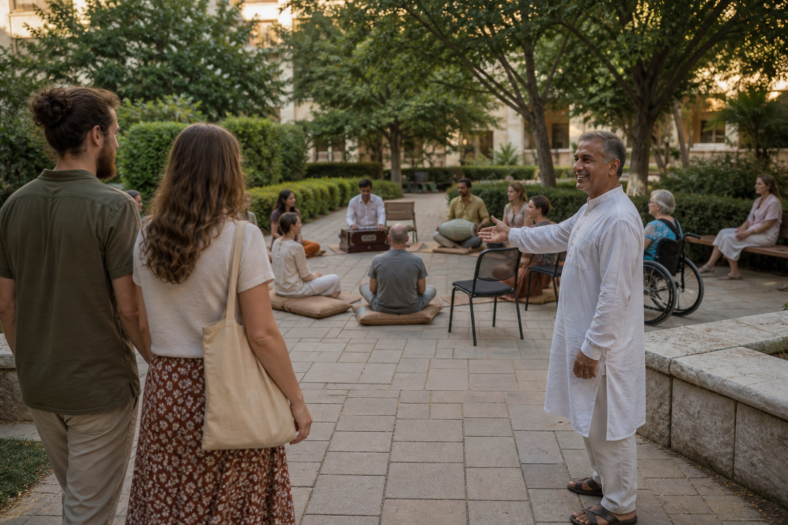 A host welcomes newcomers to an outdoor kirtan with cushions, chairs, wheelchair space, and a nearby bench for quiet listening.