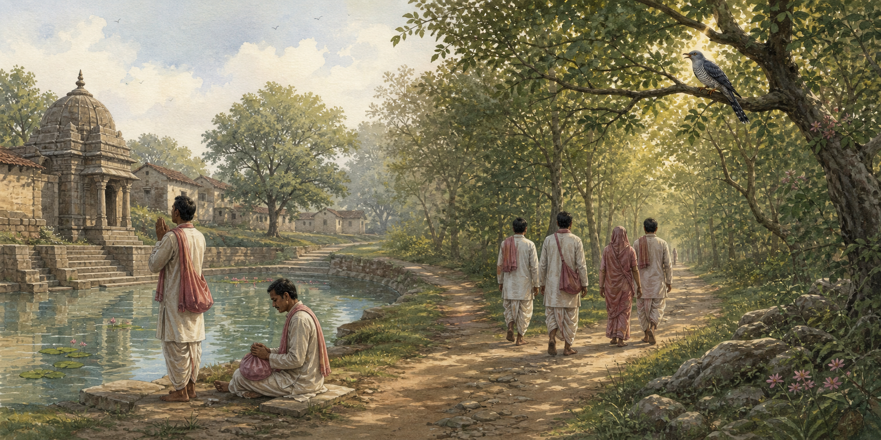 Pilgrims move from a village temple and pond at Yavat into the shaded forest of Kokilavan along a continuous earthen path.