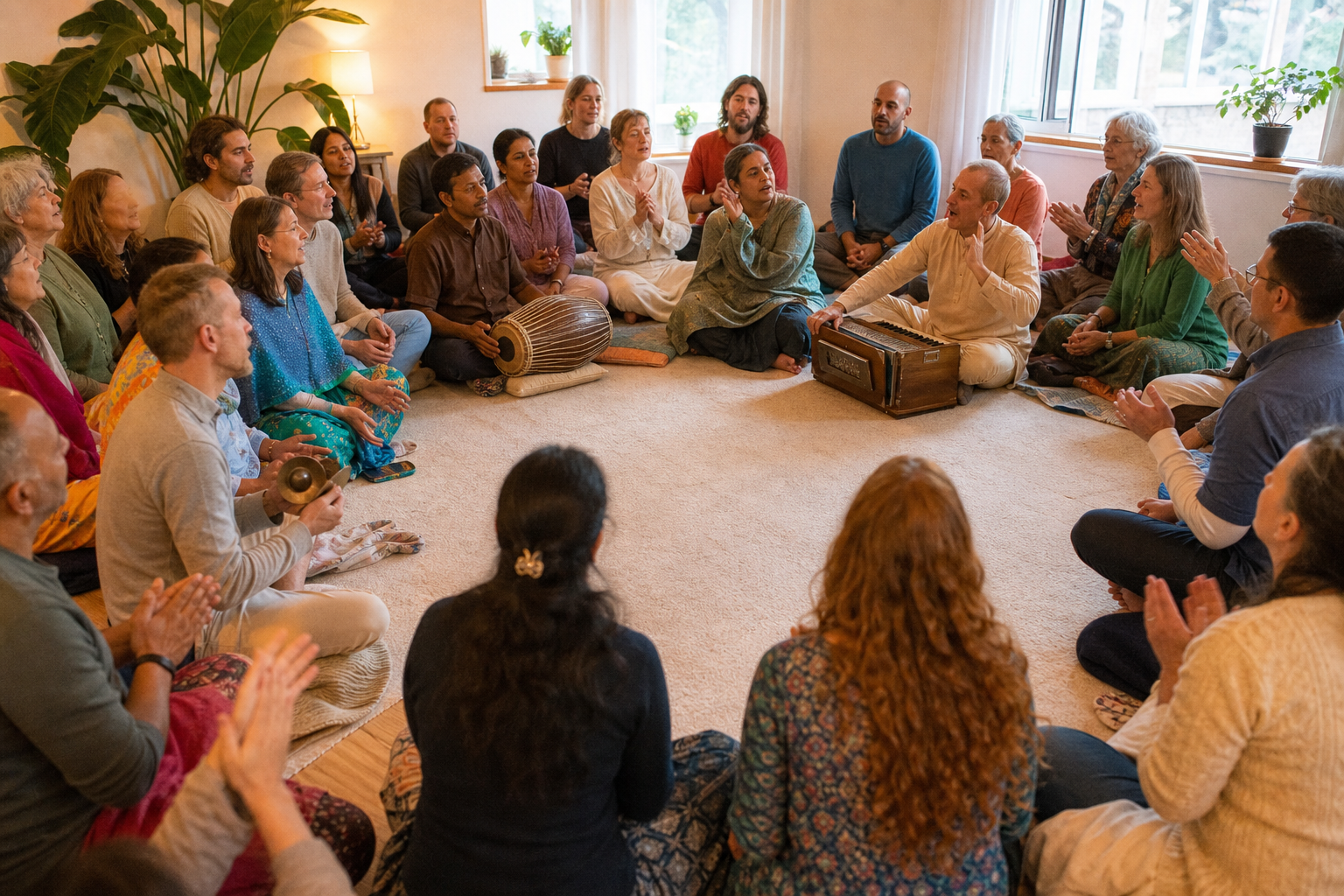 A kirtan leader and participants sit in an open circle for call-and-response chanting in a sunlit community hall.
