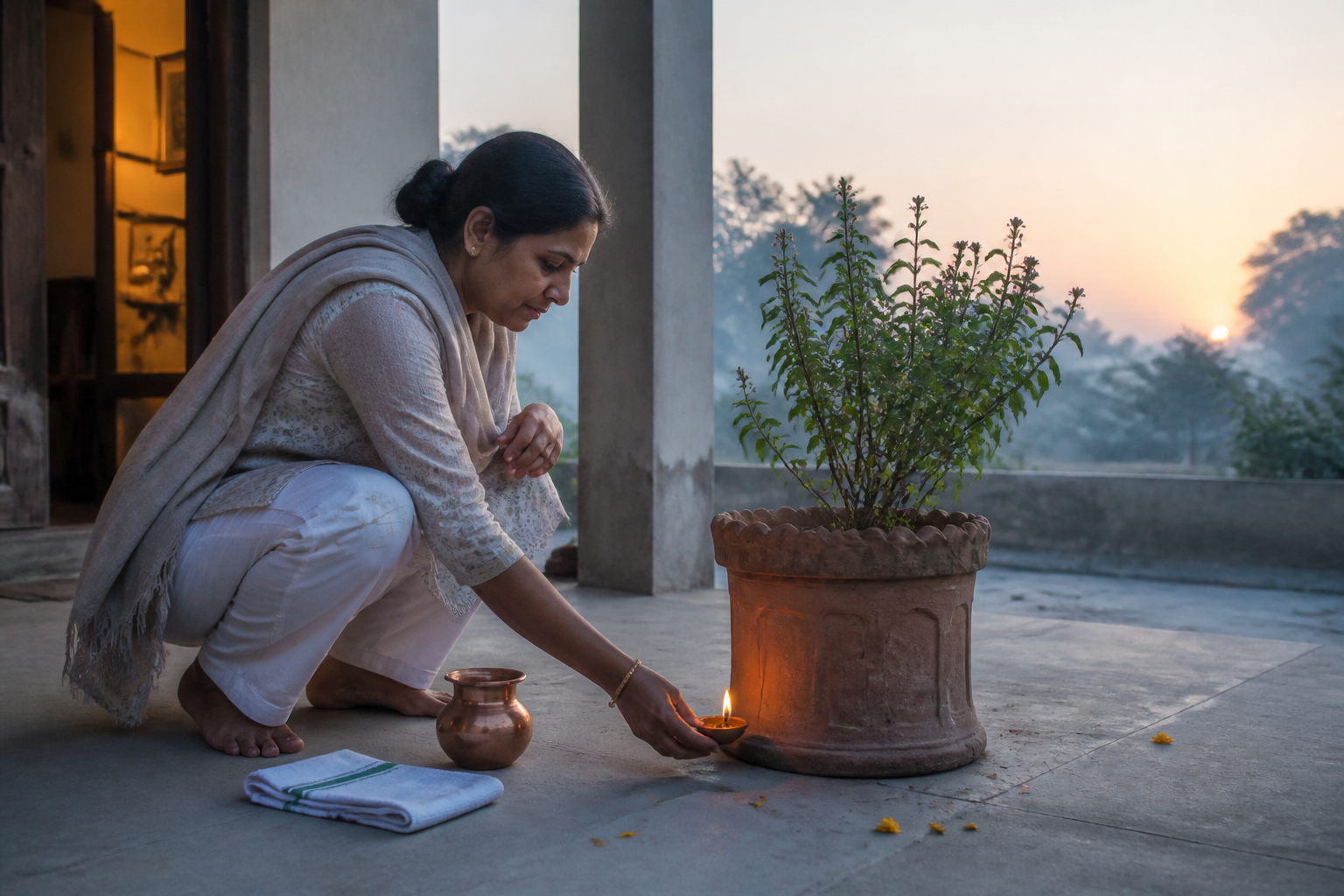 A person places a single lit clay lamp beside a Tulsi plant on a quiet veranda at dawn after the main Diwali decorations have been removed.