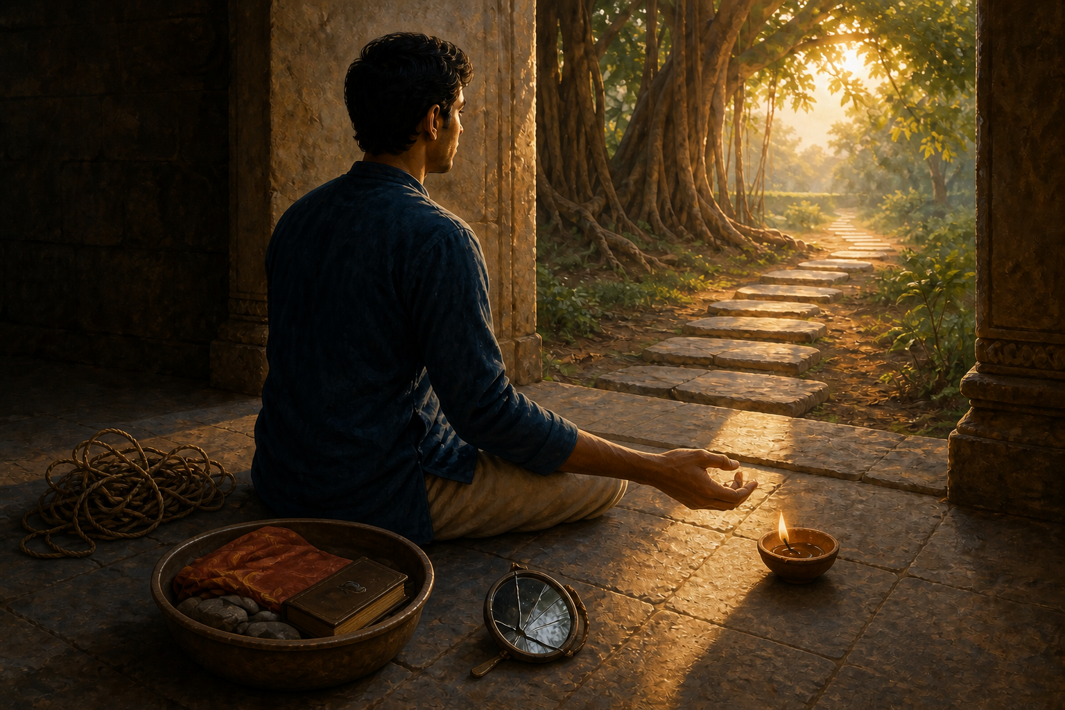 A person pauses at a courtyard threshold beside a tangled cord, a full bowl, a cracked mirror, and a clay lamp, with stepping stones leading into a sunlit garden.