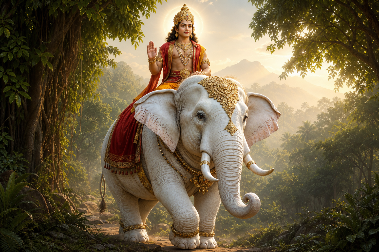 Shasta sits calmly on a large white elephant walking through a misty South Indian forest at dawn.