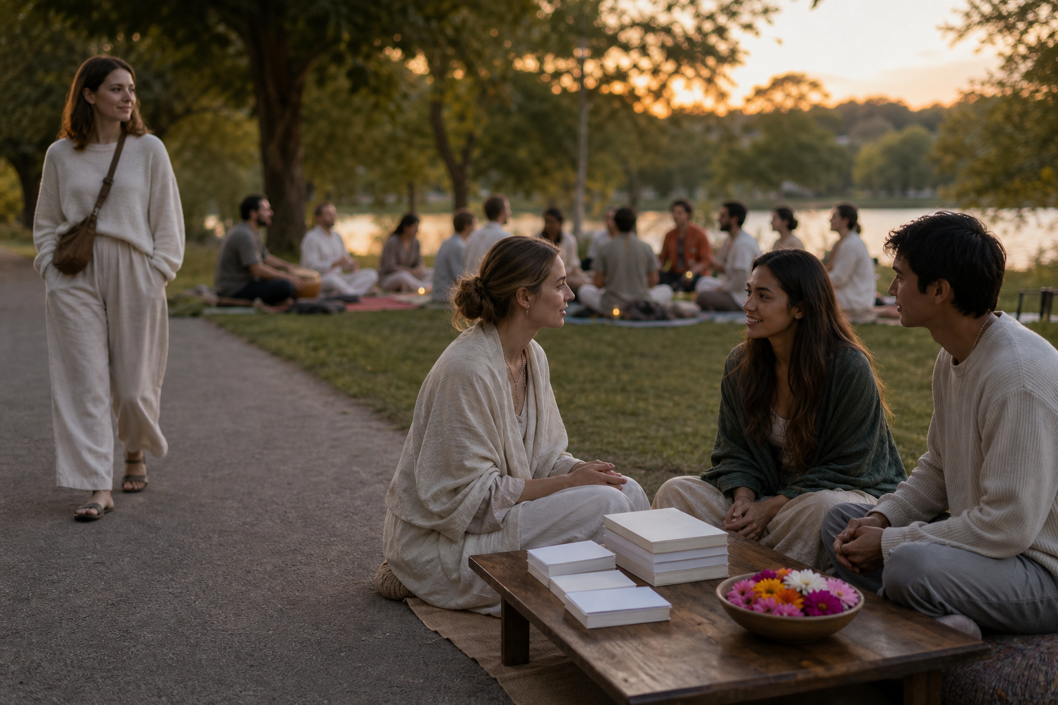 Two visitors talk with a volunteer beside a modest book-and-flower table after an outdoor kirtan while another person walks past.