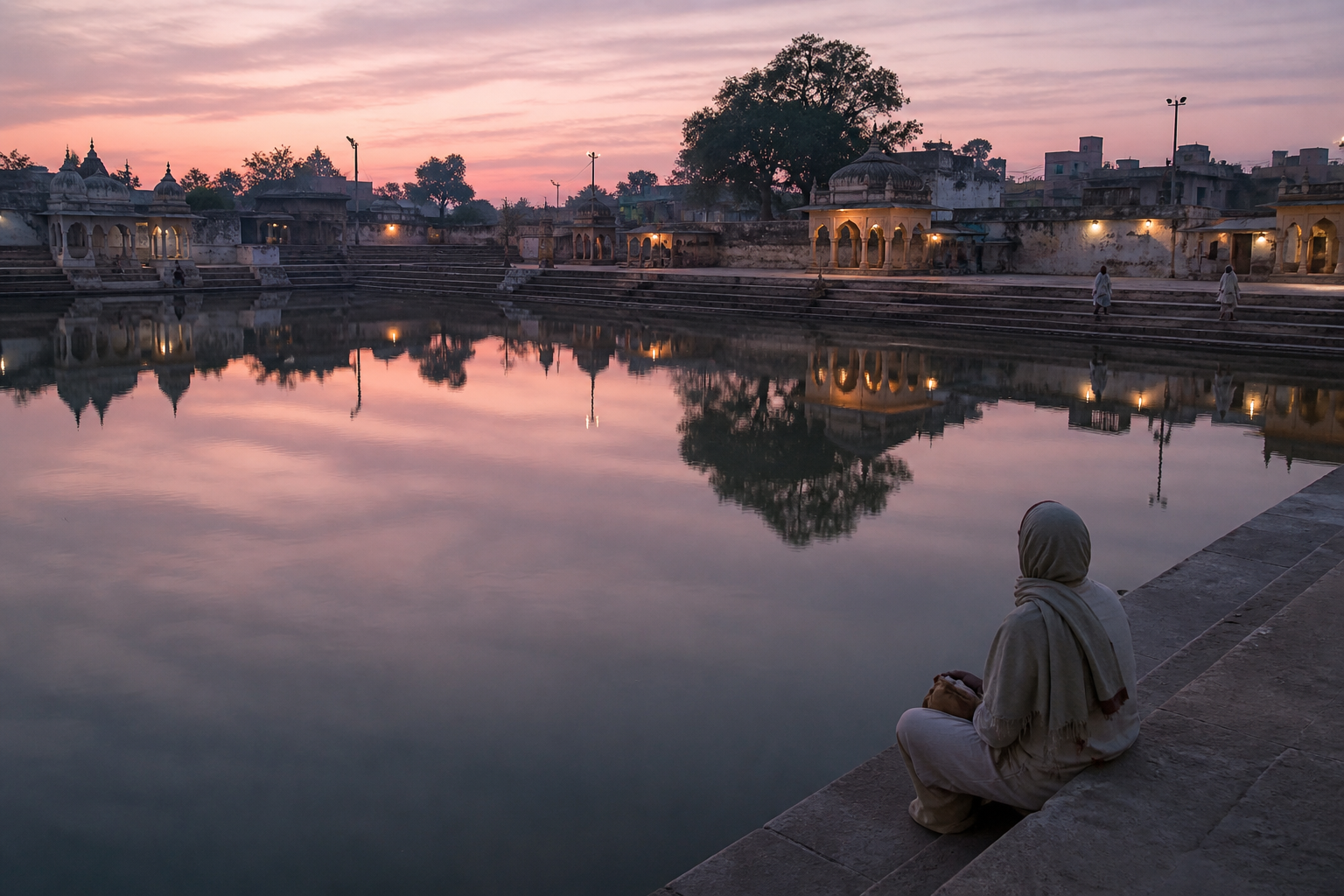 A pilgrim sits quietly on the stone steps beside the still water of Radha-kunda before sunrise as small lamps glow across the ghat.