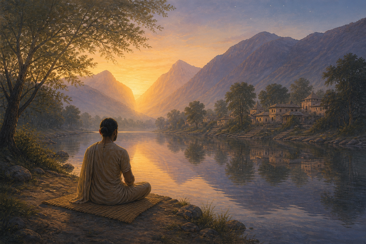 A person meditates beside a still river at dawn, with their reflection in the water, a mountain landscape around them, and sunlight opening between distant peaks.