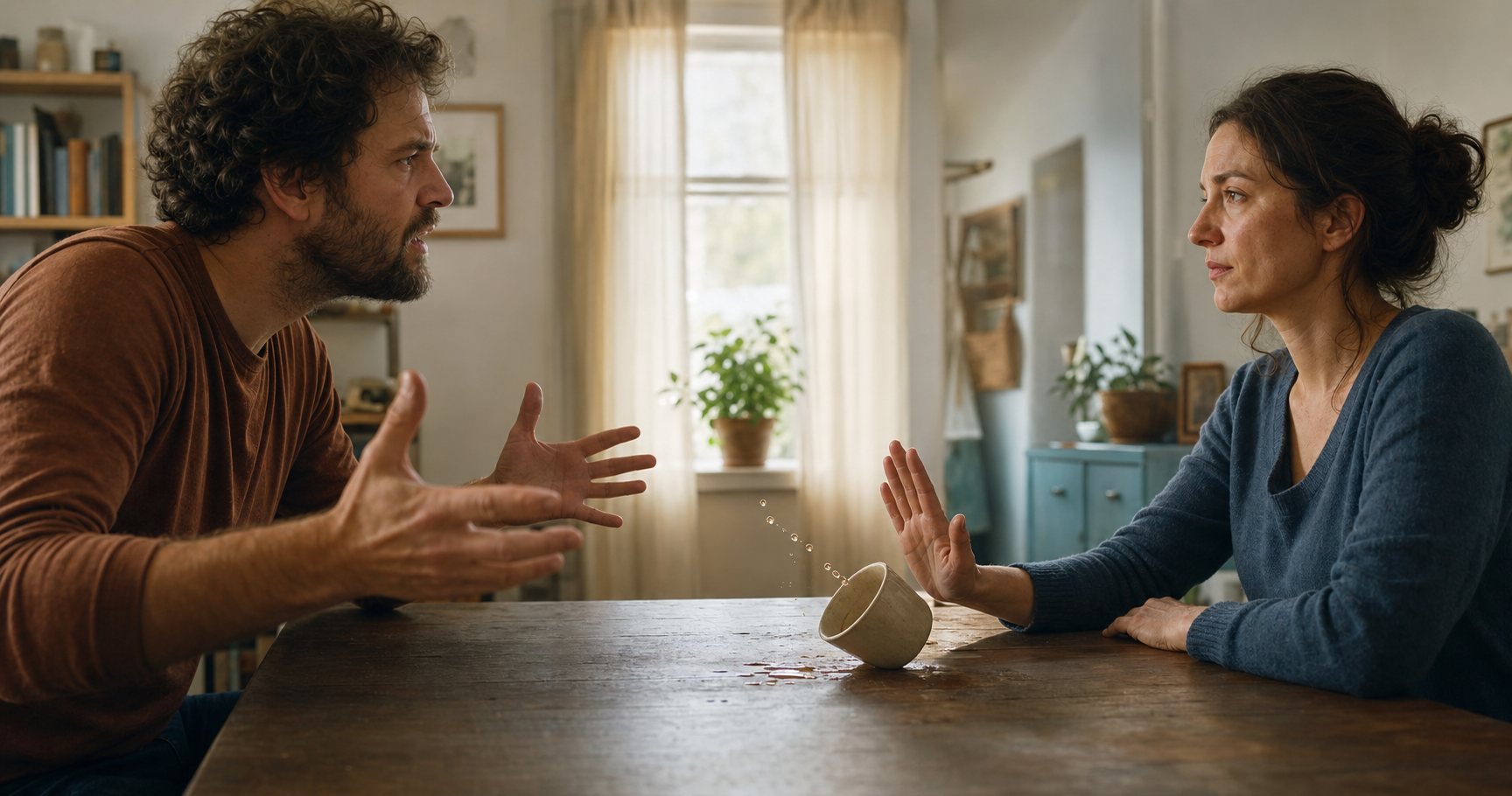 One person pauses with an open hand while another gestures in frustration beside a tipped cup at a table.