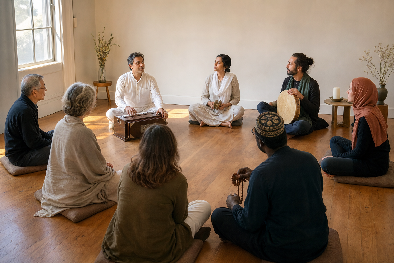 Hands loosen a knot, release an object, offer water, and rest calmly on the knees in four connected actions.
