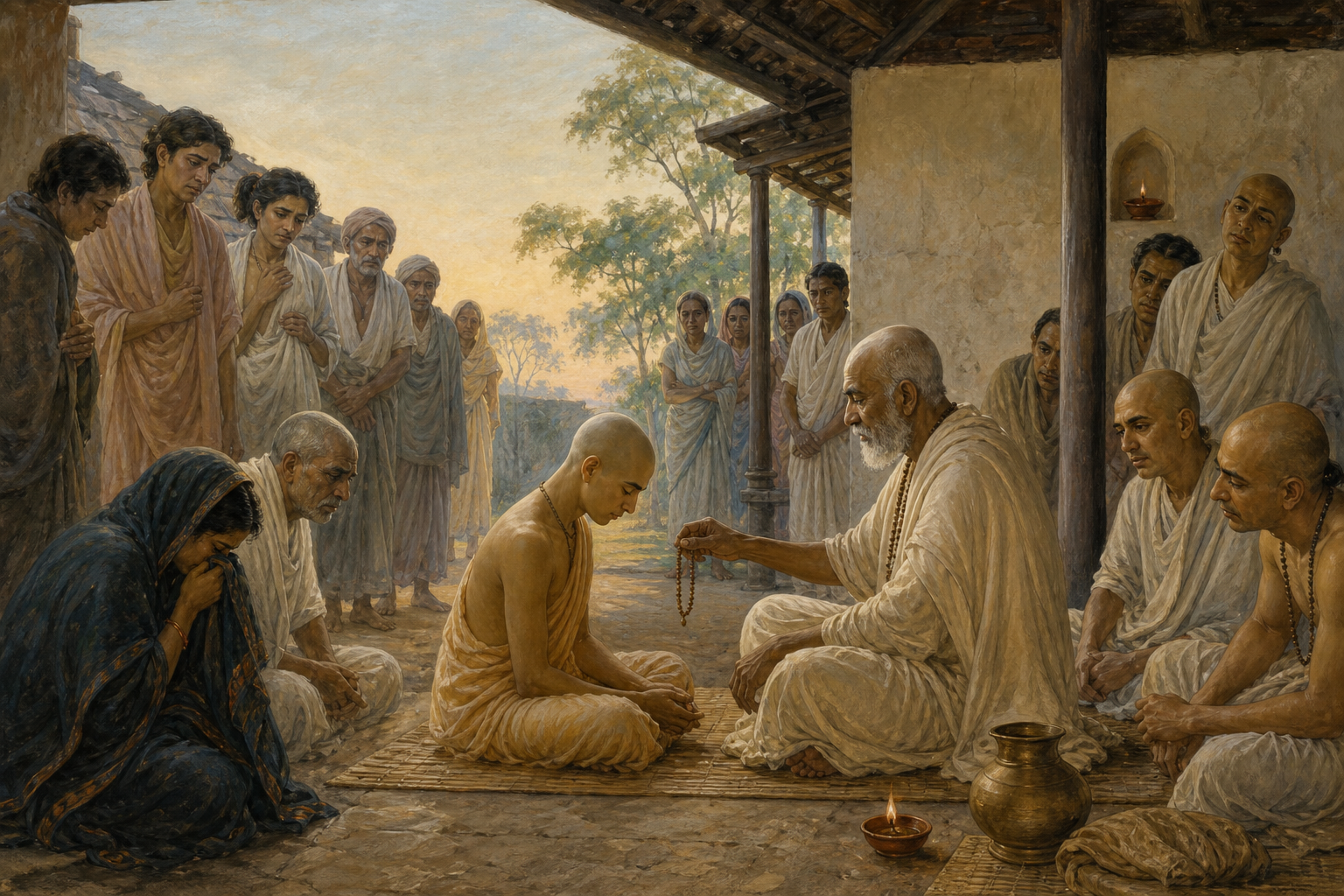 Artistic depiction of a young saffron-clad Bengali ascetic seated before an elderly teacher as companions and townspeople gather in a courtyard at dawn.