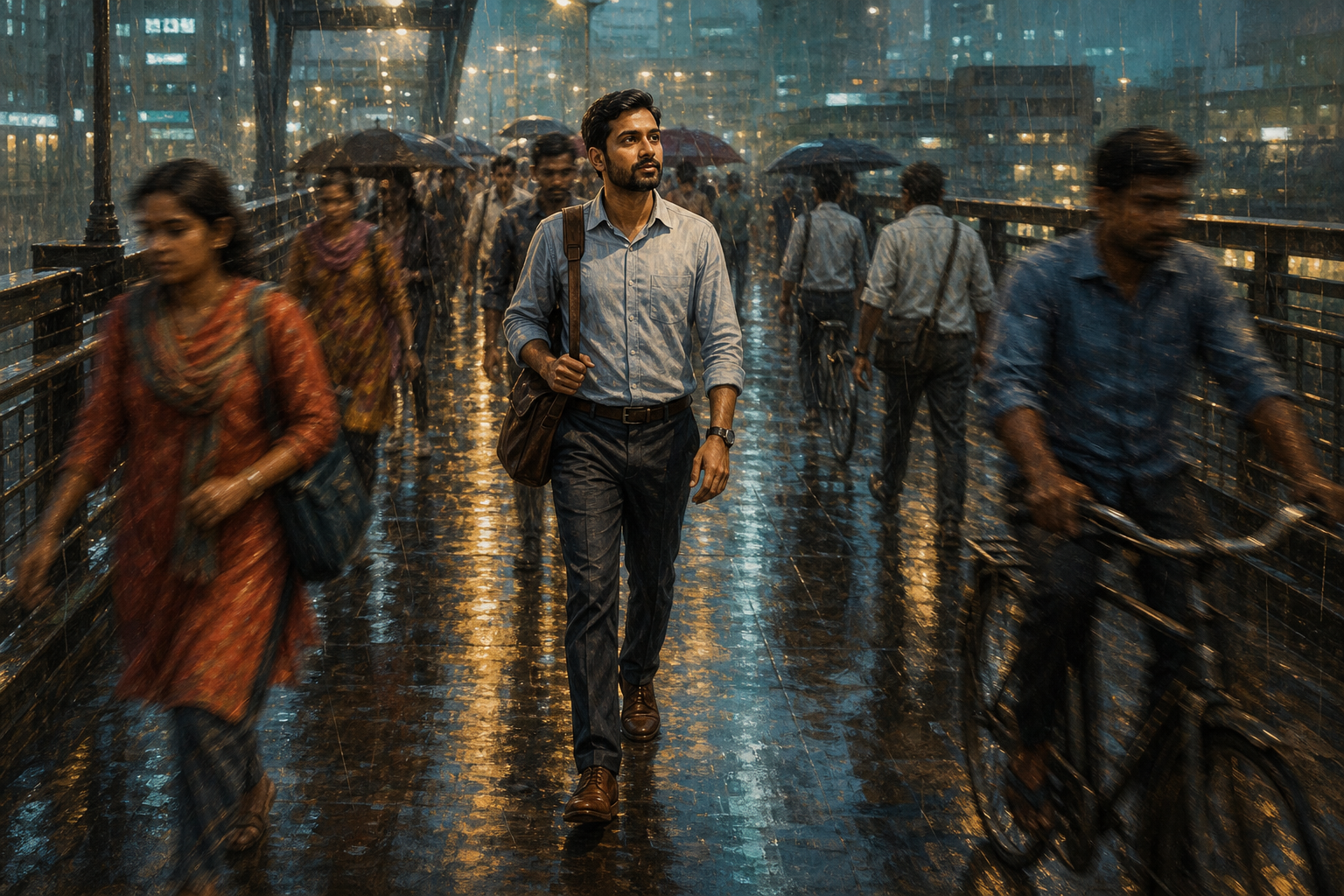 An attentive pedestrian walks calmly across a crowded rain-wet city footbridge as commuters move around them.