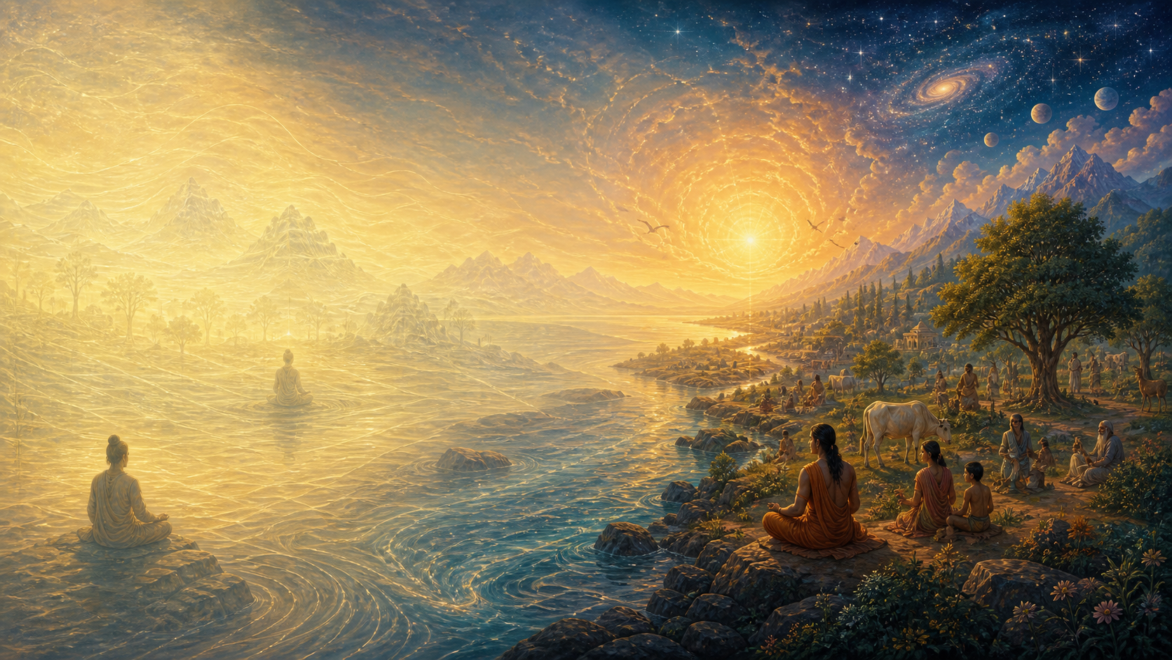 A continuous landscape presents two contrasting visions: forms dissolve into a field of light on one side, while distinct people, nature, and stars remain united within a radiant whole on the other.