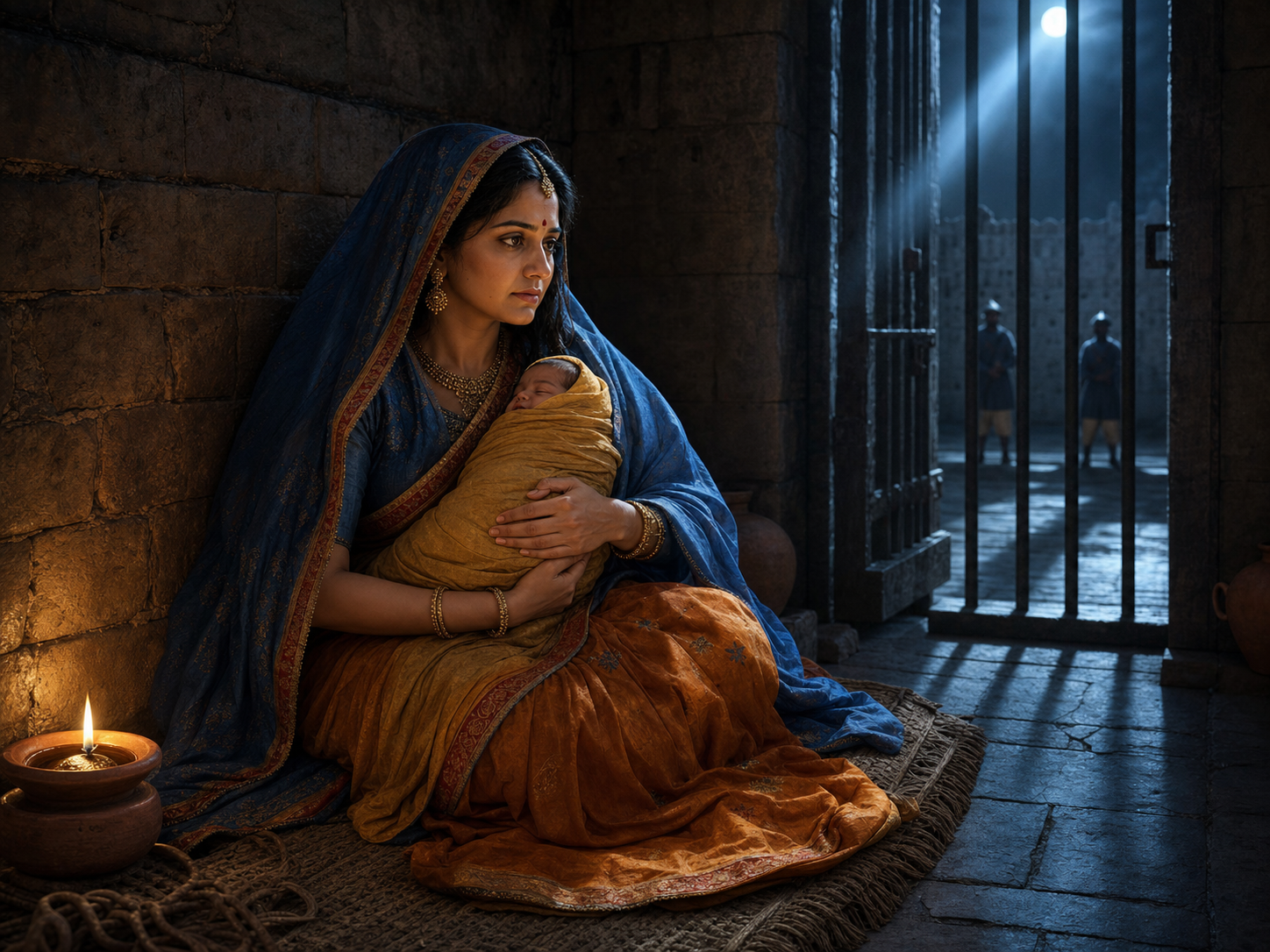 Devaki holds a swaddled newborn in a moonlit stone prison while a clay lamp lights her calm, watchful face.