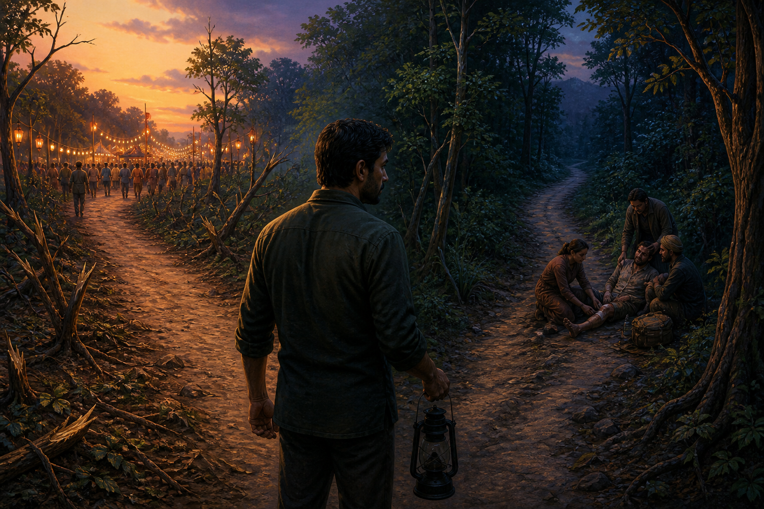 A person with a lantern considers two forest paths, one crowded near damaged trees and one leading toward people helping an injured traveler.